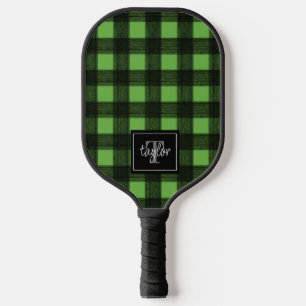Black & Lime Green Buffalo Plaid Check Monogram Pickleball Paddle