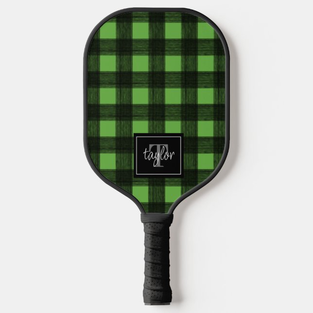 Black & Lime Green Buffalo Plaid Check Monogram Pickleball Paddle (Front)