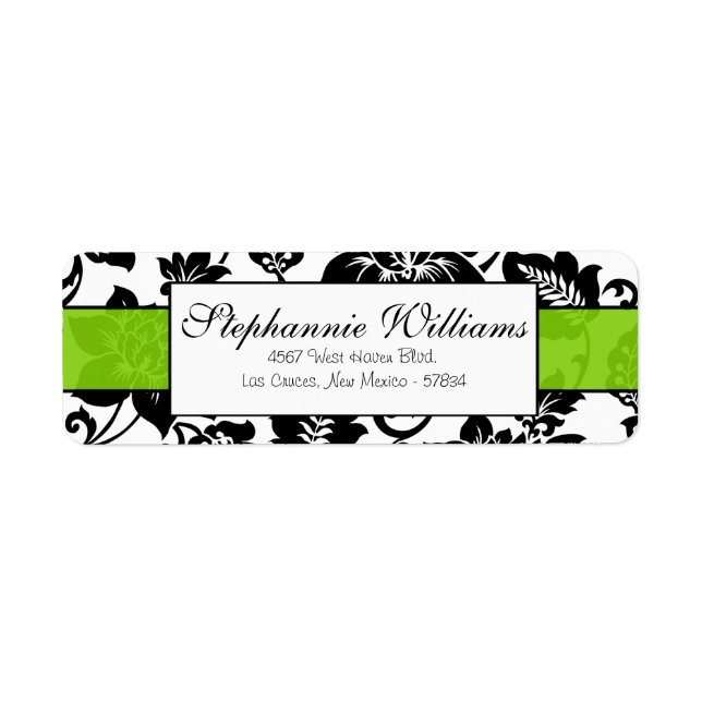 Black/Lime Green Floral Damask Address Label (Front)
