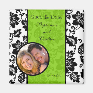 Black/Lime Green Floral Damask Announcement Magnet