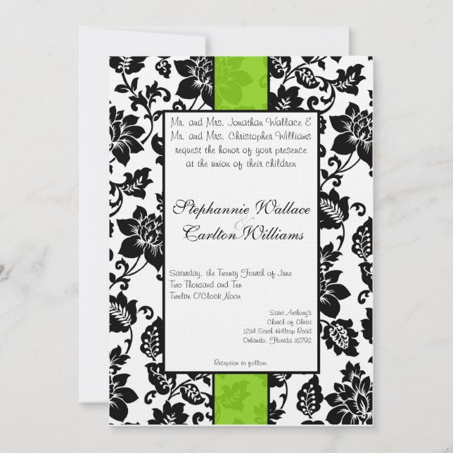 Black/Lime Green Floral Damask Wedding Invitation (Front)