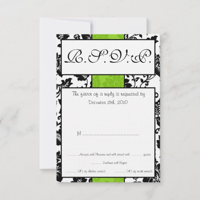 Black/Lime Green Floral Damask Wedding RSVP Card (Front)