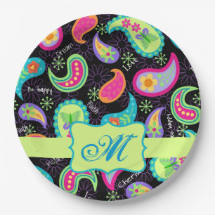 Black Lime Green Monogram Personalised Paisley Paper Plate