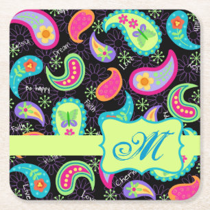 Black Lime Green Monogram Personalised Paisley Square Paper Coaster