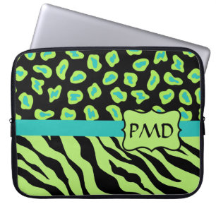 Black, Lime Green & Turquoise Zebra & Cheetah Skin Laptop Sleeve