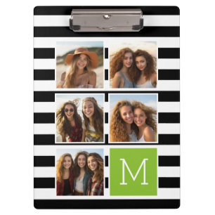 Black Lime Striped Photo Collage Custom Monogram Clipboard