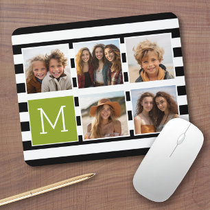 Black Lime Striped Photo Collage Custom Monogram Mouse Pad