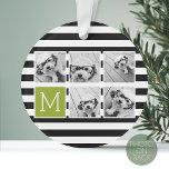 Black Lime Striped Photo Collage Custom Monogram Ornament<br><div class="desc">Background includes an optional stripe Pattern - Use five square photos to create a unique and personal gift. Or you can keep the hipster puppy and make a trendy keepsake. If you need to adjust the pictures,  click on the customise tool to make changes.</div>