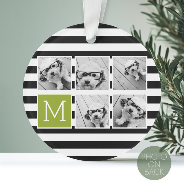Black Lime Striped Photo Collage Custom Monogram Ornament (Personalized Photo Ornament)