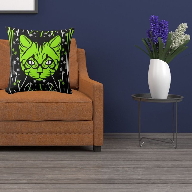 Black Lime White Black Modern Cute Cat Colourful Cushion (Creator Uploaded)