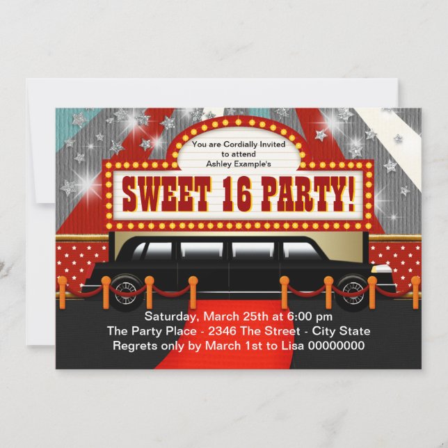 Black Limo Movie Star Sweet 16 Party Invitation (Front)
