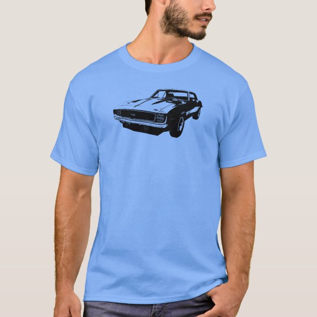 Black line art '69 Camaro SS on coloured t-shirt (Front)