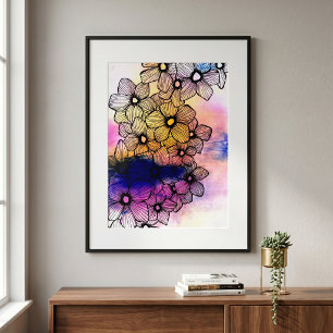 Black Line Art Flowers Vibrant Pastel Watercolor Poster