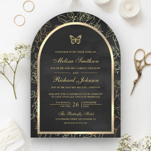 Black Line Art Gold Arch Butterfly Wedding Invitation