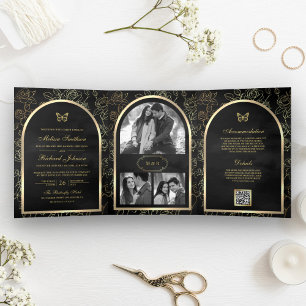 Black Line Art Gold Arch Butterfly Wedding Tri-Fold Invitation