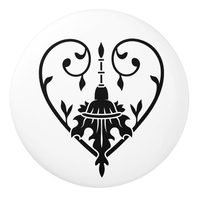 Black Line Art Heart with Abstract Leaf Design Ceramic Knob (Front)