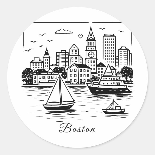 Black line Boston illustration Classic Round Sticker (Front)