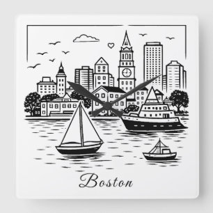Black line Boston illustration Square Wall Clock