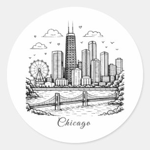 Black line Chicago illustration Classic Round Sticker