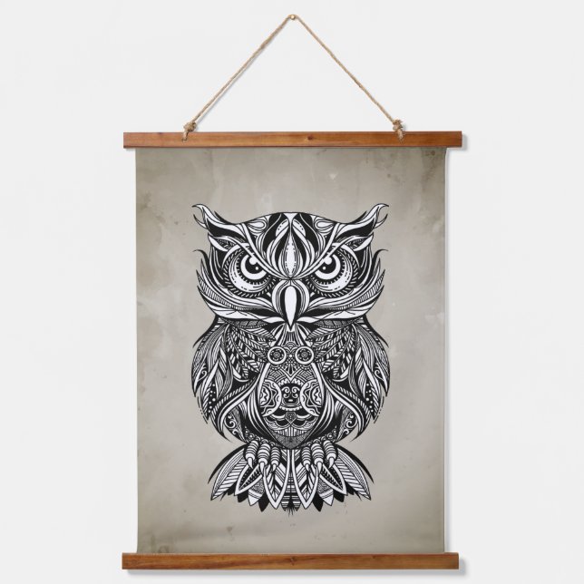 Black Line Drawing Graphic Art Owl Bird  Hanging Tapestry (Front)