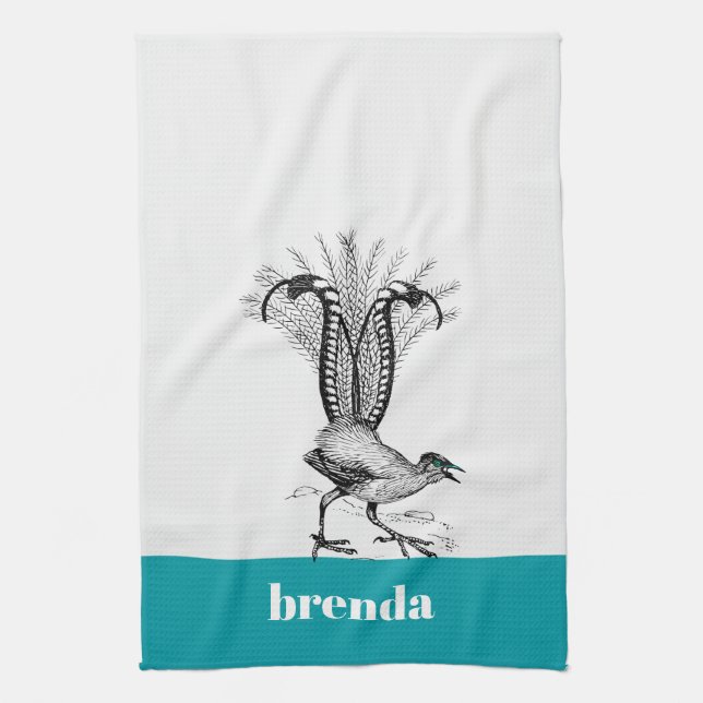 Black line drawing- LyreBird Tea Towel (Vertical)