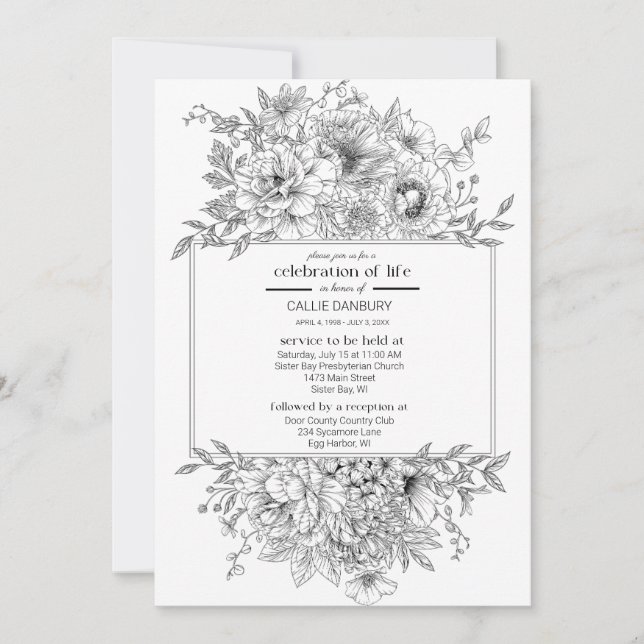 Black Line Florals Funeral Photo Invitation (Front)