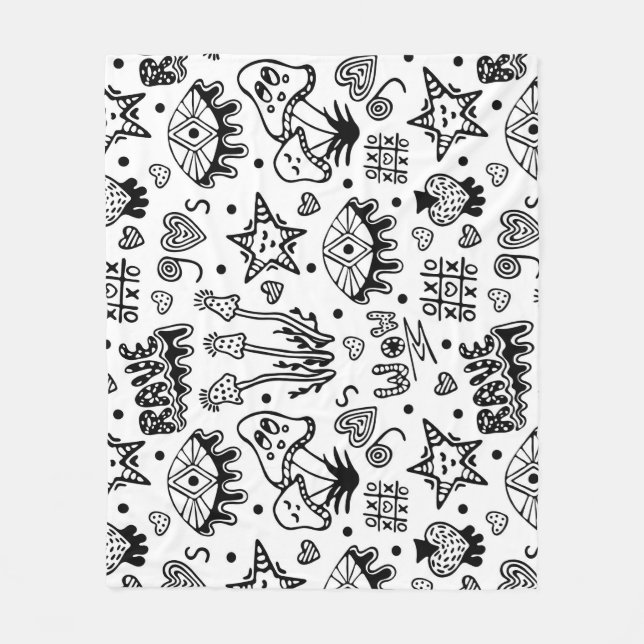 Black line psychedelic hand drawn seamless pattern fleece blanket (Front)