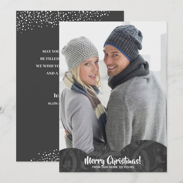 Black Linen Filigree Photo Christmas Holiday Card (Front/Back)