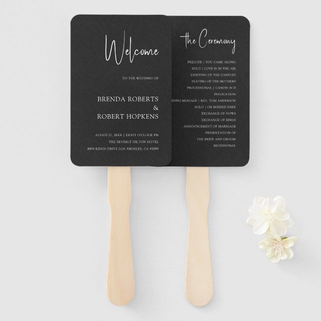 Black Linen Simple Black Script Wedding Hand Fan (Front and Back)