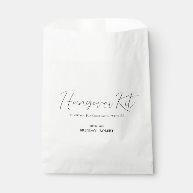 Black linen Simple Script Hangover Recovery Kit Favour Bags (Front)