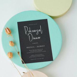Black linen Simple White Script Rehearsal Dinner Invitation