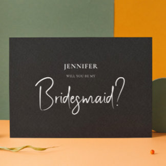 Black Linen White Script Will You Be My Bridesmaid Invitation