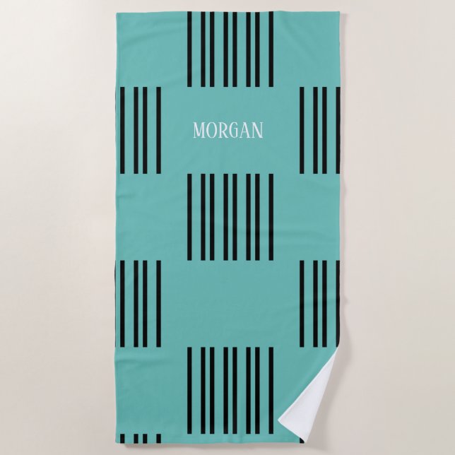 Black Lines on Light teal with Name Beach Towel (Front)