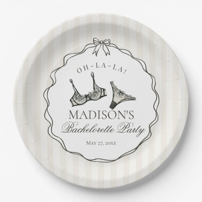 Black Lingerie Shower Bachelorette Bridal Bow Paper Plate (Front)