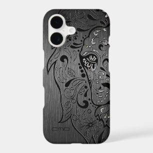Black Lion Sugar Skull Metallic Grey Background