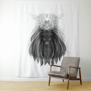 Black Lion with Antlers Crown and Monogram Tapestry