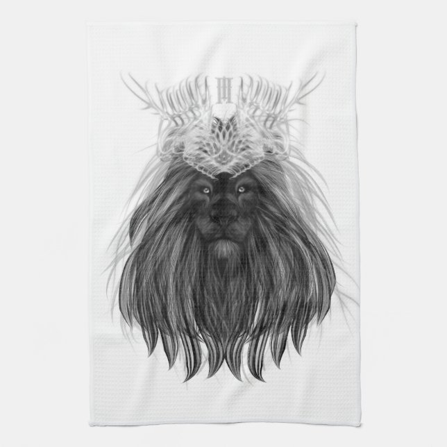 Black Lion with Antlers Crown and Monogram Tea Towel (Vertical)