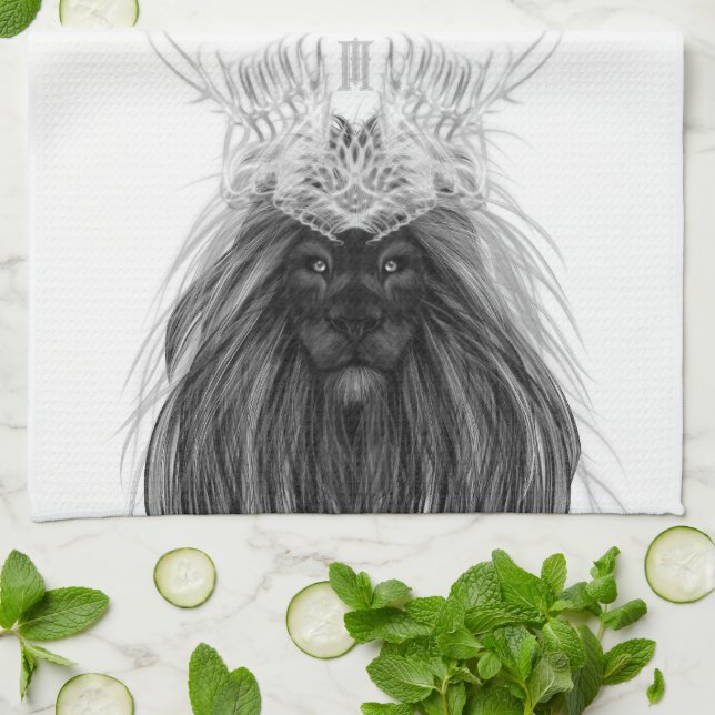 Black Lion with Antlers Crown and Monogram Tea Towel (Folded)