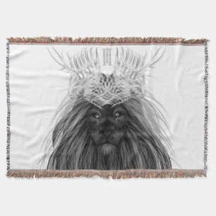 Black Lion with Antlers Crown and Monogram Throw Blanket