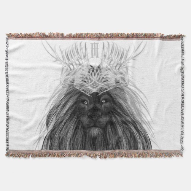 Black Lion with Antlers Crown and Monogram Throw Blanket (Front)