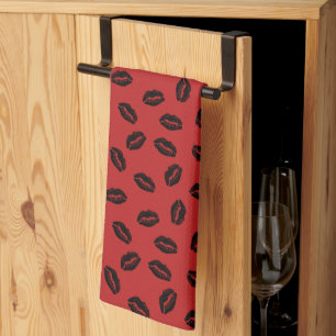 Black Lips Pattern on Red Background Tea Towel