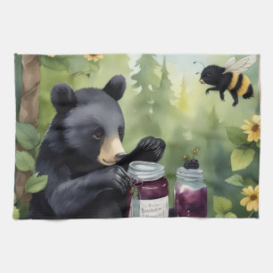 Black little bear with blackberry jams tea towel