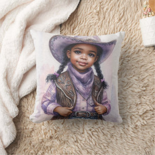 Black Little Girl In Purple Cowgirl Fashion Cushion