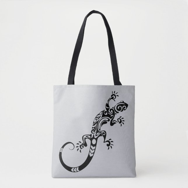 Black Lizard Gray Tote Bag – Reptile Art Design (Front)