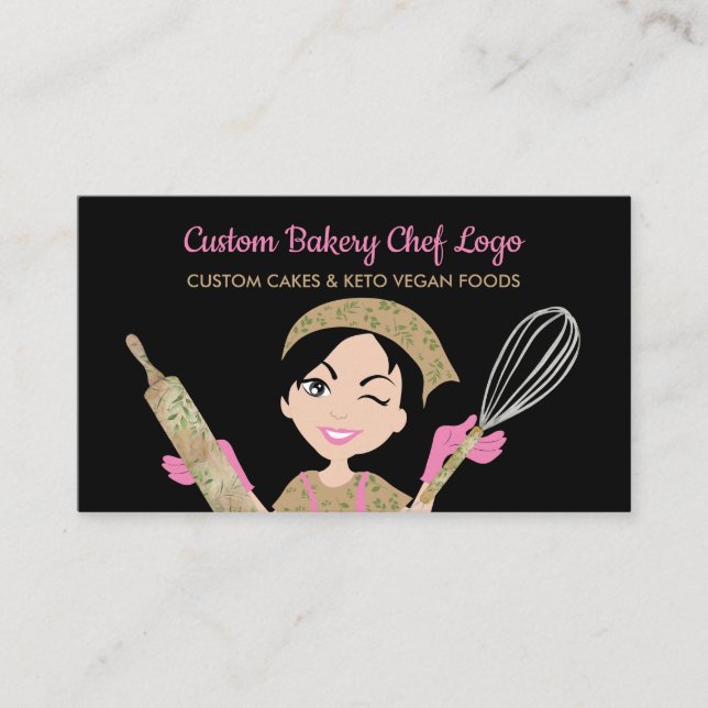 Black Logo Bakery Chef Eucalyptus Pastry Business Card (Front)