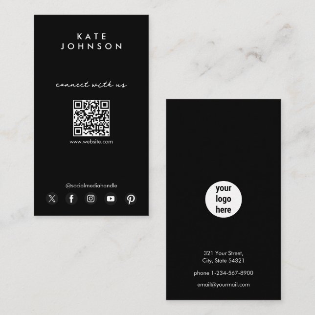 Black Logo Modern Social Media Connect With Us Business Card (Front/Back)