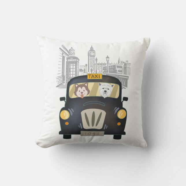 Black London Taxi Cab driven by Dogs Pillow (Front)
