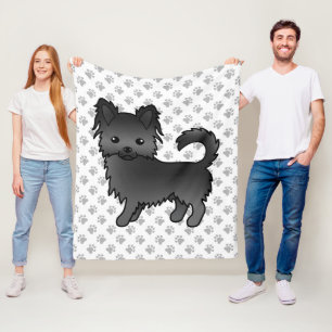 Black Long Coat Chihuahua Cartoon Dog & Paws Fleece Blanket