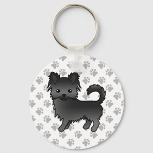 Black Long Coat Chihuahua Cartoon Dog & Paws Key Ring