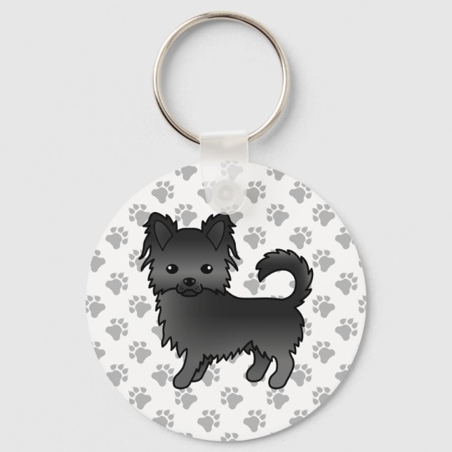 Black Long Coat Chihuahua Cartoon Dog & Paws Key Ring (Front)